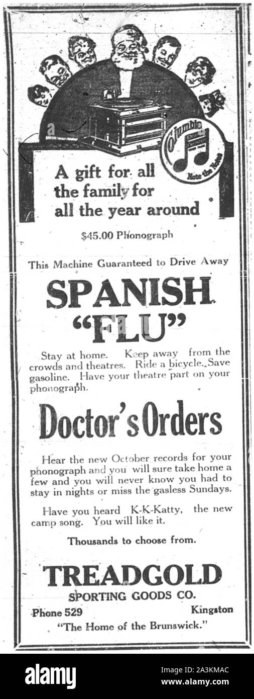1918-1919. Eine Epidemie der "Spanischen Grippe" rund um die Welt ausbreiten. Mindestens 20 Millionen starben, obwohl einige Schätzungen der endgültigen Abgabe auf 50 Mio. geschätzt. Es wird geschätzt, dass zwischen 20 Prozent und 40 Prozent der Bevölkerung der ganzen Welt krank wurde Stockfoto