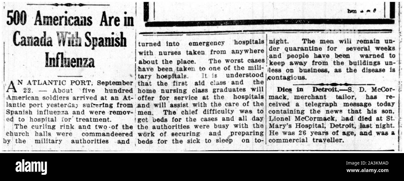 1918-1919. Eine Epidemie der "Spanischen Grippe" rund um die Welt ausbreiten. Mindestens 20 Millionen starben, obwohl einige Schätzungen der endgültigen Abgabe auf 50 Mio. geschätzt. Es wird geschätzt, dass zwischen 20 Prozent und 40 Prozent der Bevölkerung der ganzen Welt krank wurde Stockfoto