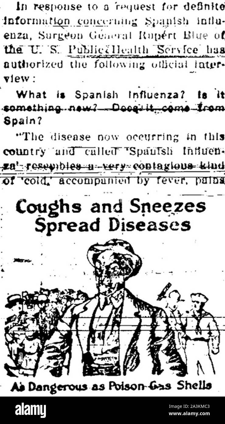 1918-1919. Eine Epidemie der "Spanischen Grippe" rund um die Welt ausbreiten. Mindestens 20 Millionen starben, obwohl einige Schätzungen der endgültigen Abgabe auf 50 Mio. geschätzt. Es wird geschätzt, dass zwischen 20 Prozent und 40 Prozent der Bevölkerung der ganzen Welt krank wurde Stockfoto