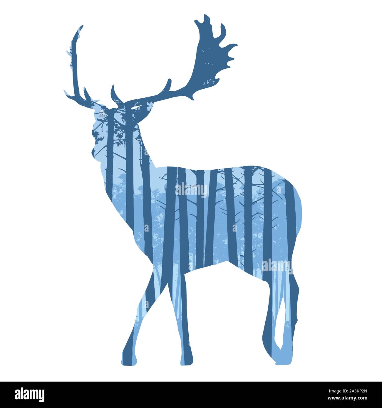 Realistische Abbildung der Hirsche Silhouetten mit Geweih. Nadelwald mit blauen Himmel - Vektor Stock Vektor