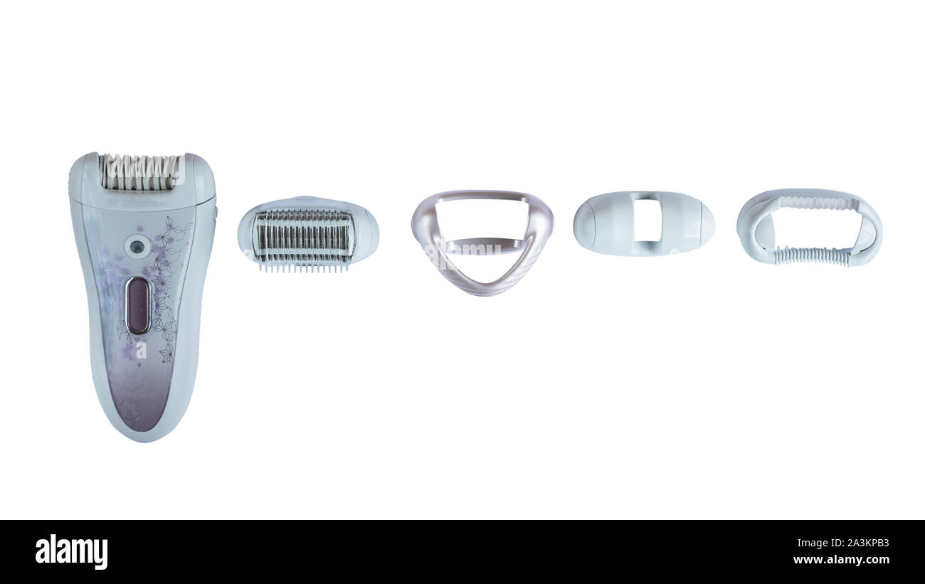 Set mit depilator und unterschiedliche depilation Symbole auf weißem Hintergrund. Mode Frau Epilierer für die Rasur. Stockfoto