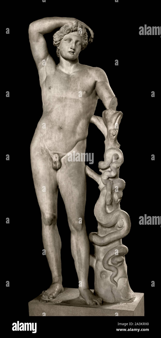 Apollo Gewinner der Python Monster, das so genannte "Lykischen Apollo Typ 130-150 AD, nach Euphranor (aktive ca. 330 v. Chr.) Athen (Griechenland), bevor 1680 unterhalb der Ruinen der Smyrna Stadion, Izmir, Türkei, H. 2,16 m entdeckt. Griechische, römische, Stockfoto
