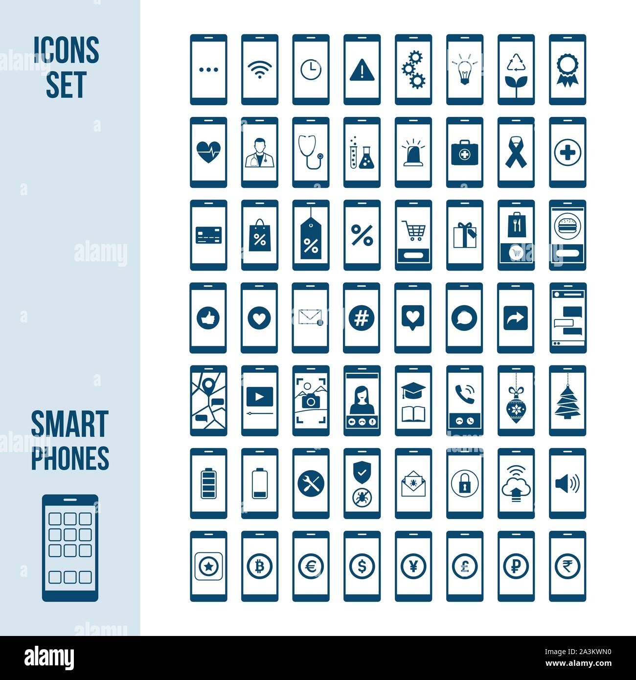 Eingestellt von Smartphones mit verschiedenen Anwendungen und Symbole: Einkaufen, Finanzen, soziale Medien, Gesundheitswesen, Bildung und Benachrichtigungen Stock Vektor