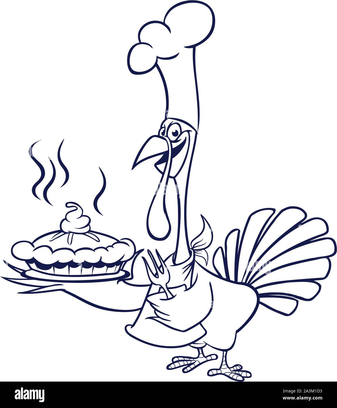 Thanksgiving lustig cartoon Türkei chief Cook mit Pumpkin Pie skizziert. Vektor cartoon Türkei Malbuch. Schwarze und weiße Kontur Stock Vektor