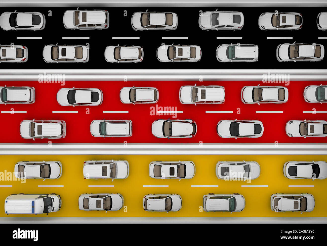 Straßen mit Autos in der Farbe der Flagge Deutschlands. 3D-Rendering Stockfoto