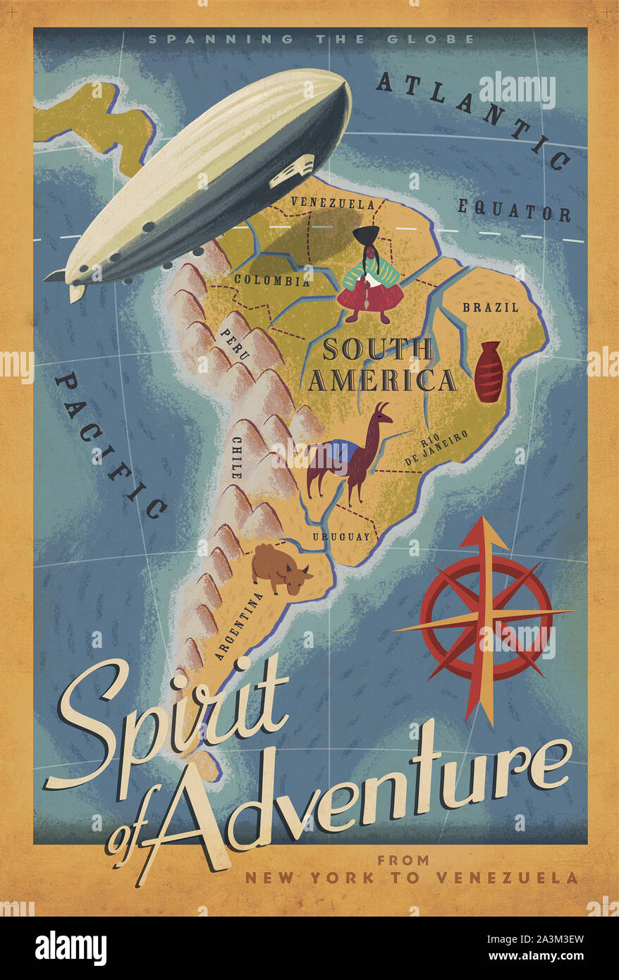 Geist des Abenteuers - Zeppelin New-York zu Venezuela - Vintage Travel Poster Stockfoto
