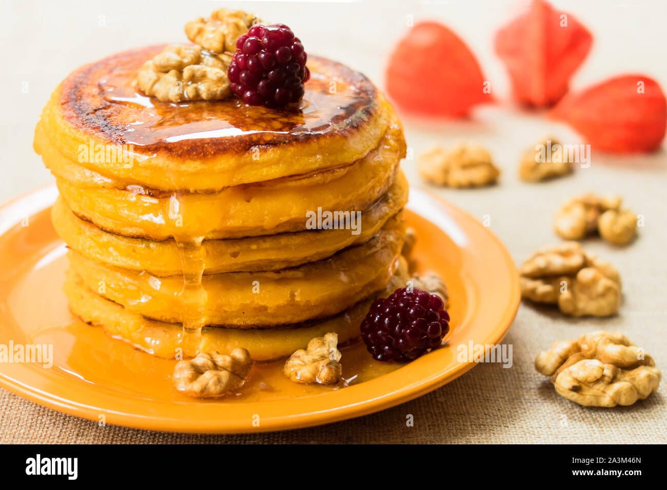 Kürbis Pfannkuchen mit Honig und Nüsse, Beeren. Am Ende der Saison (Herbst) Frühstück. Stockfoto