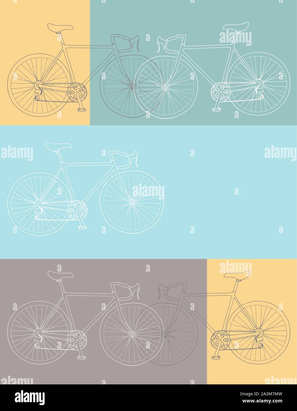 8,5 x 11, Hand gezeichnet Fahrrad Einladung/Danke/Ereignis vector Karte Abbildung: Vorlage in gelb, grau und blau Farben Palette Stock Vektor