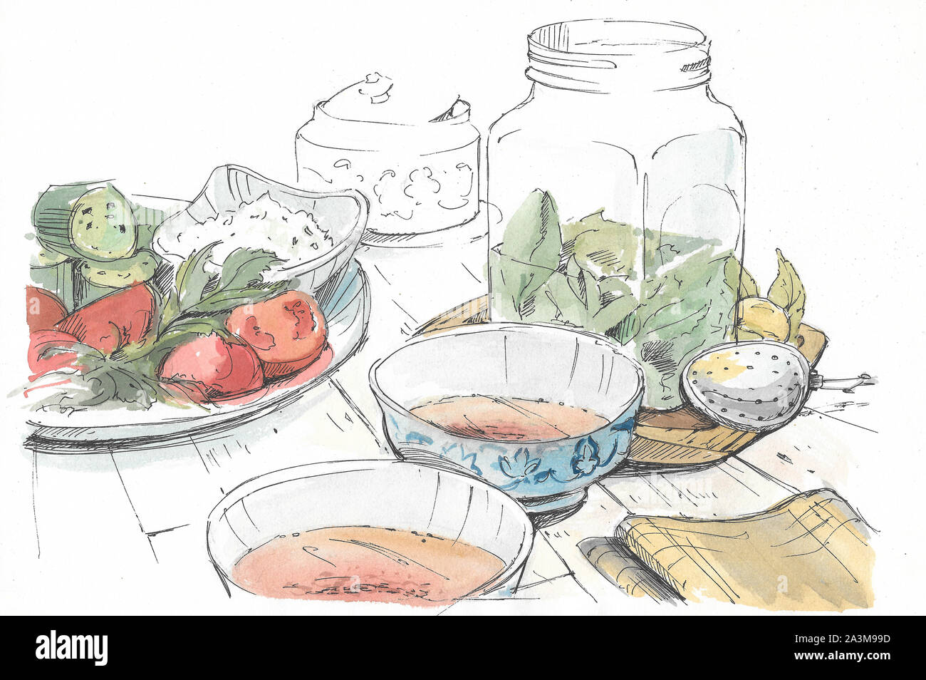 Abendessen auf dem Tisch: Teller mit Gemüse, Suppe, Pickles Stockfoto