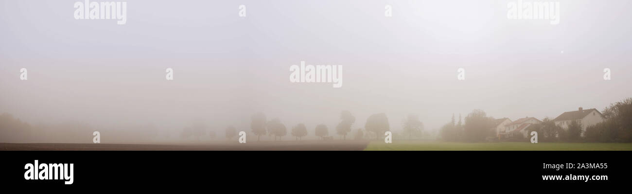 Panorama einer nebligen Feld am Morgen. Ländliche Landschaft mit Baum und Häuser Silhouetten. Stockfoto