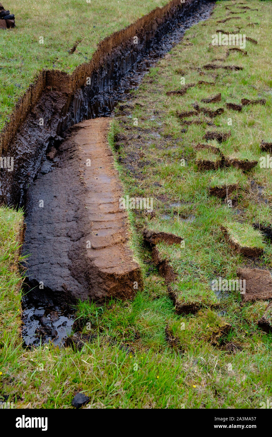 Frisch Torf Stapeln trocknen zu einem traditionellen Kraftstoff in Schottland verwendet werden abgeschnitten Stockfoto