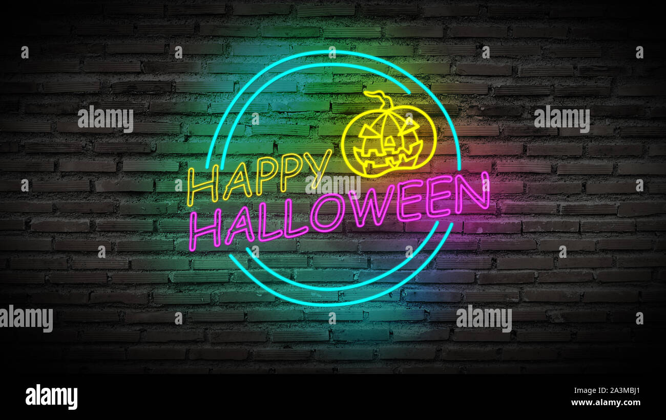 Bunte Happy Halloween helles Licht Leuchtreklame für Party mit scary pumpkin auf retro Mauer Hintergrund. Stockfoto
