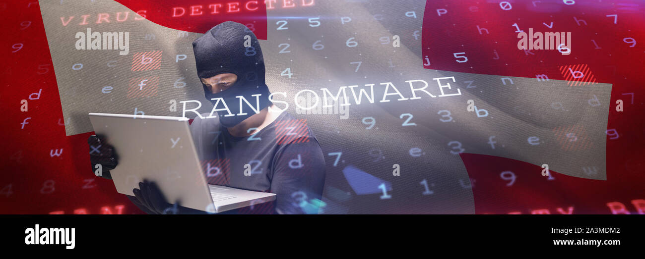 Zusammengesetztes Bild der Hacker mit Laptop, Identität zu stehlen Stockfoto