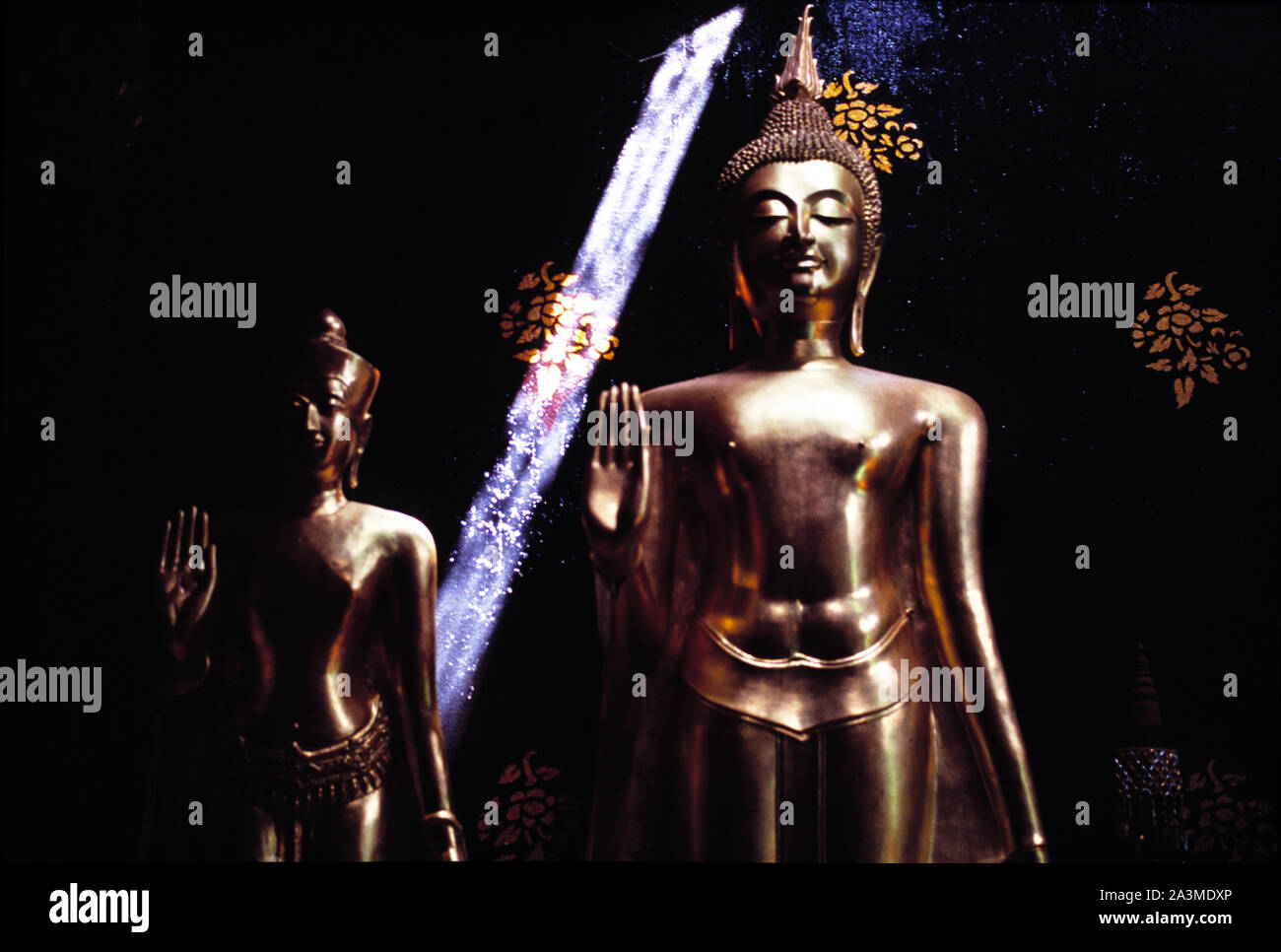 Teilweise Buddha Statuen mit der gefallenen Licht erhellen die dunkle Wand Hintergrund, Wat Maha That (Tempel), Pitsanulok, Thailand. Stockfoto