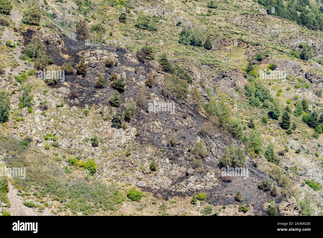 Bereich, in dem es ein Feuer auf der La Costa Berg in Canillo, Andorra. Stockfoto