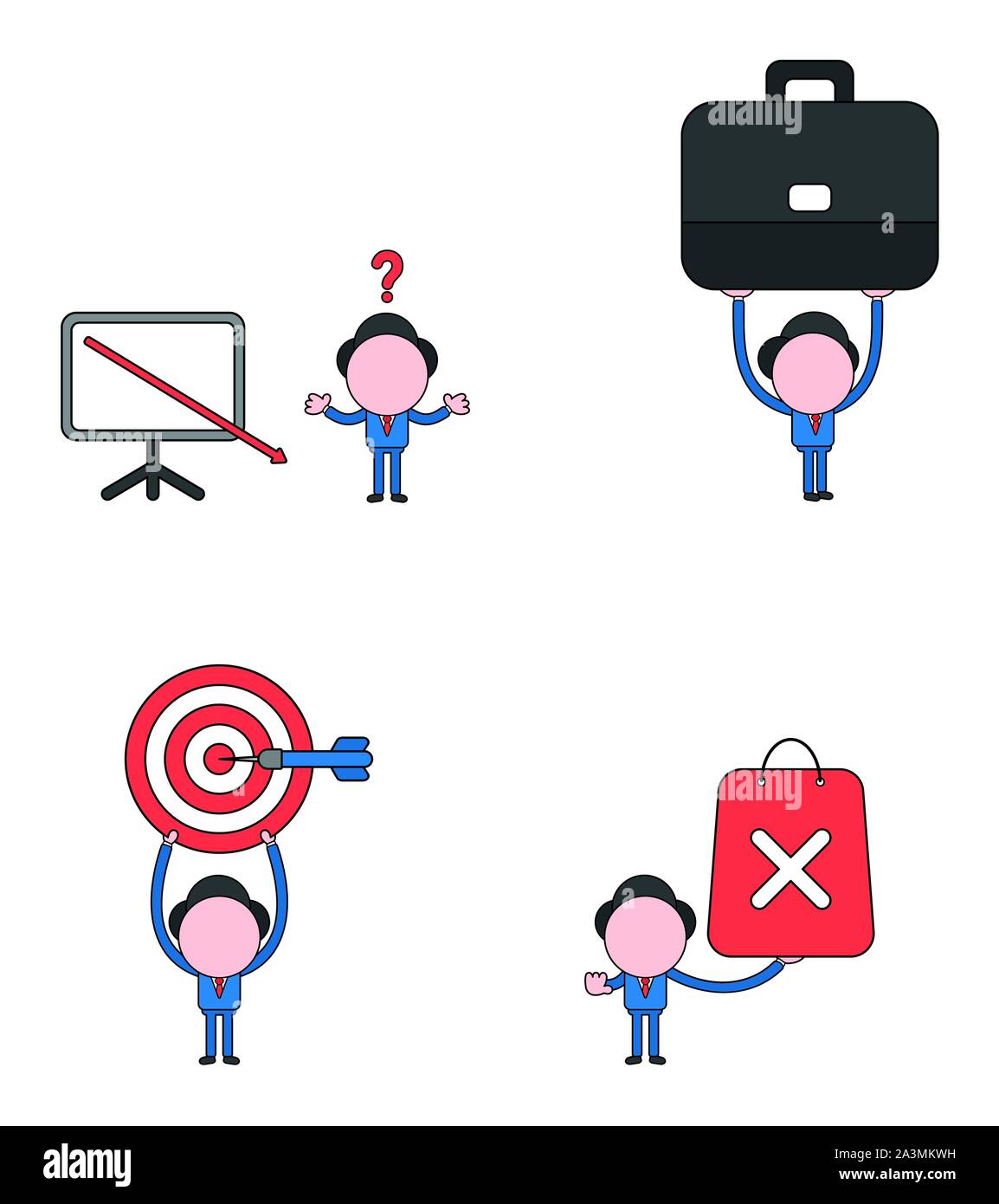 Vector Illustration Satz von Geschäftsmann Maskottchen Charakter mit einem Umsatz chart Pfeil nach unten bewegen, Aktenkoffer, Bulls Eye und Dart im Zentrum, Ho Stock Vektor