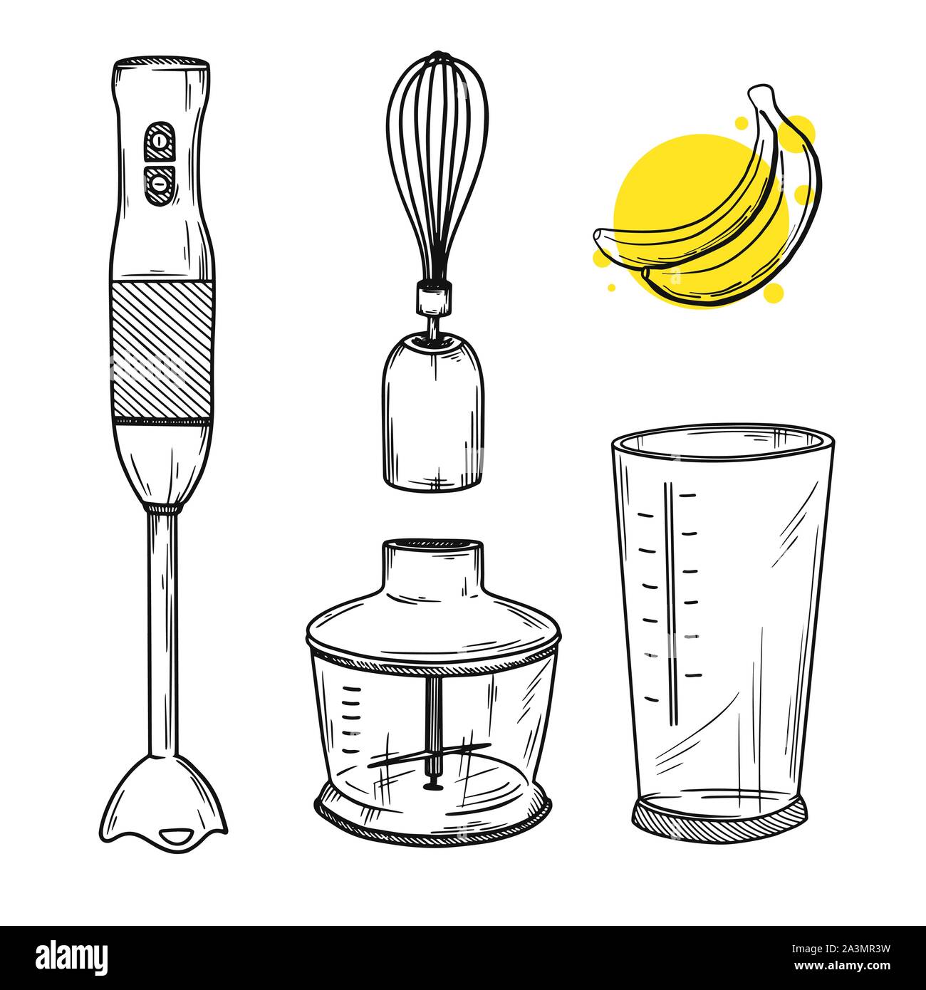 Satz verschiedener Teile der Mixer. Stabmixer. Vector Illustration in Skizze Stil. Stock Vektor