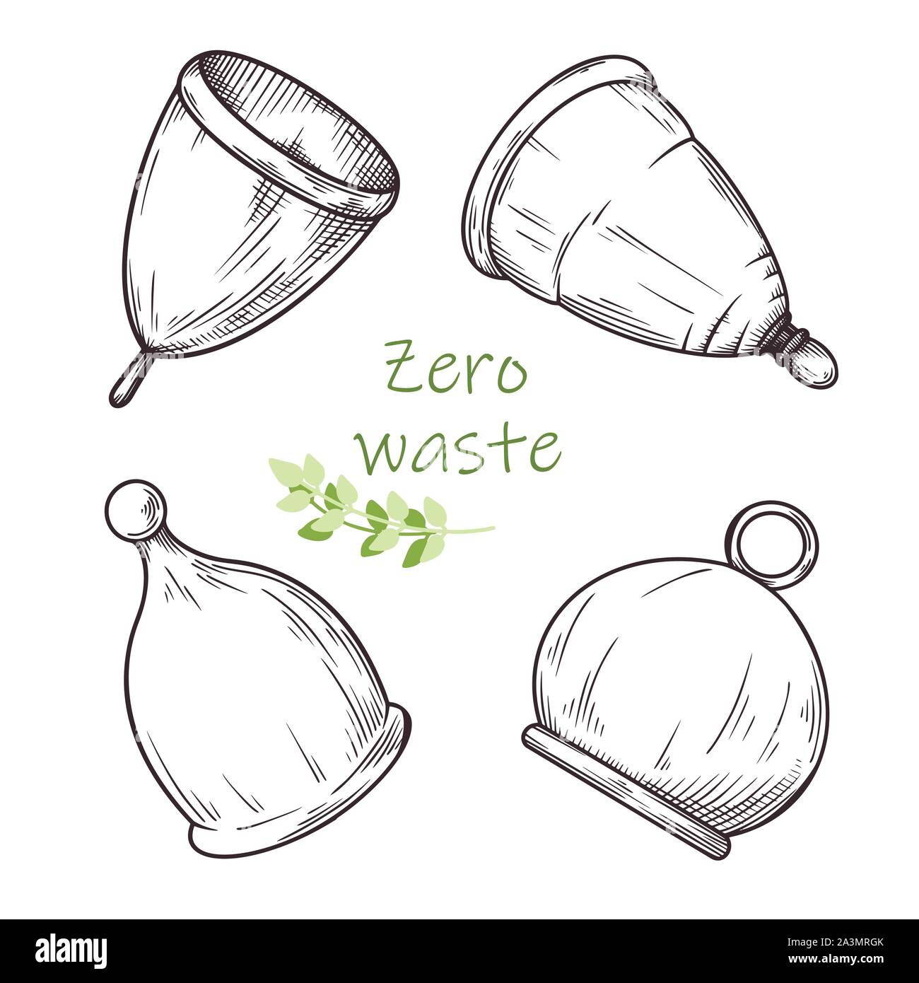 Satz von verschiedenen Menstruationscups. Null Abfall. Vector Illustration Stock Vektor