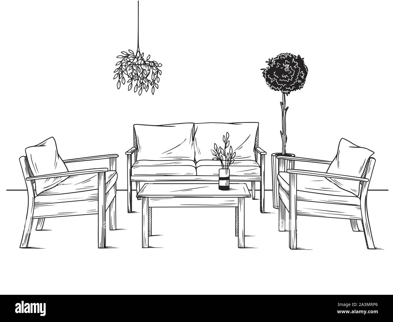 Einstellen der Möbel für den Garten. Sessel, Sofa und Tisch unter den Pflanzen. Vector Illustration in Skizze Stil Stock Vektor