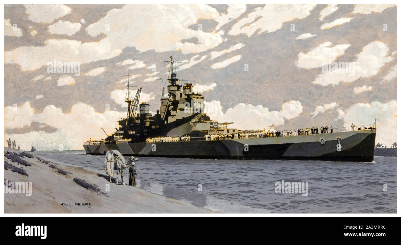 Britische, WW2, Artwork, Schlachtschiff, Im, Suez Kanal, (HMS Howe), Malerei, 1939-1946 Stockfoto