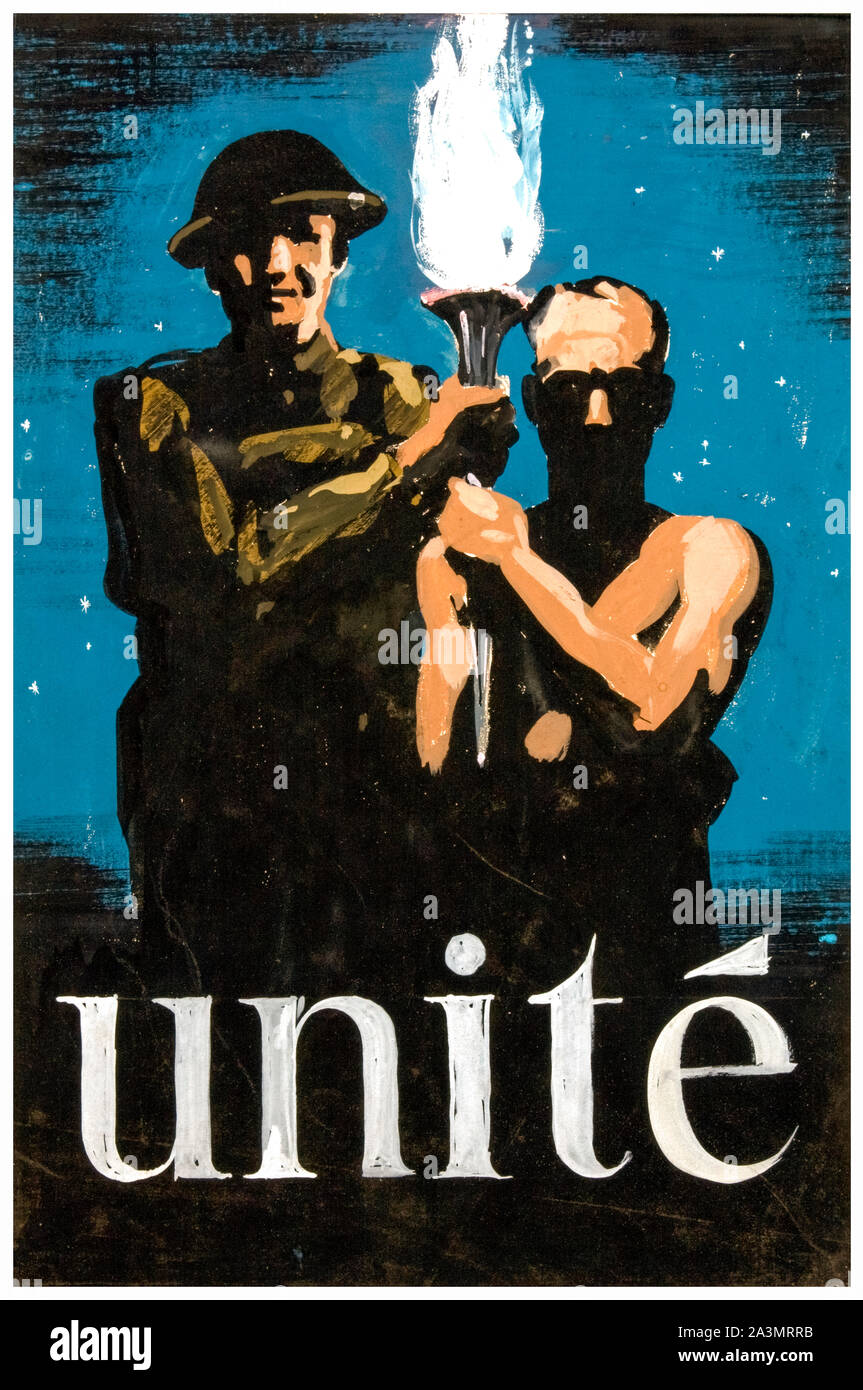 Britische, WW2, Einheit der Kraft, Plakat, Inter-alliierten Zusammenarbeit, Unite!, (britischer Soldat und Widerstand Abbildung mit Fackel), 1939-1946 Stockfoto