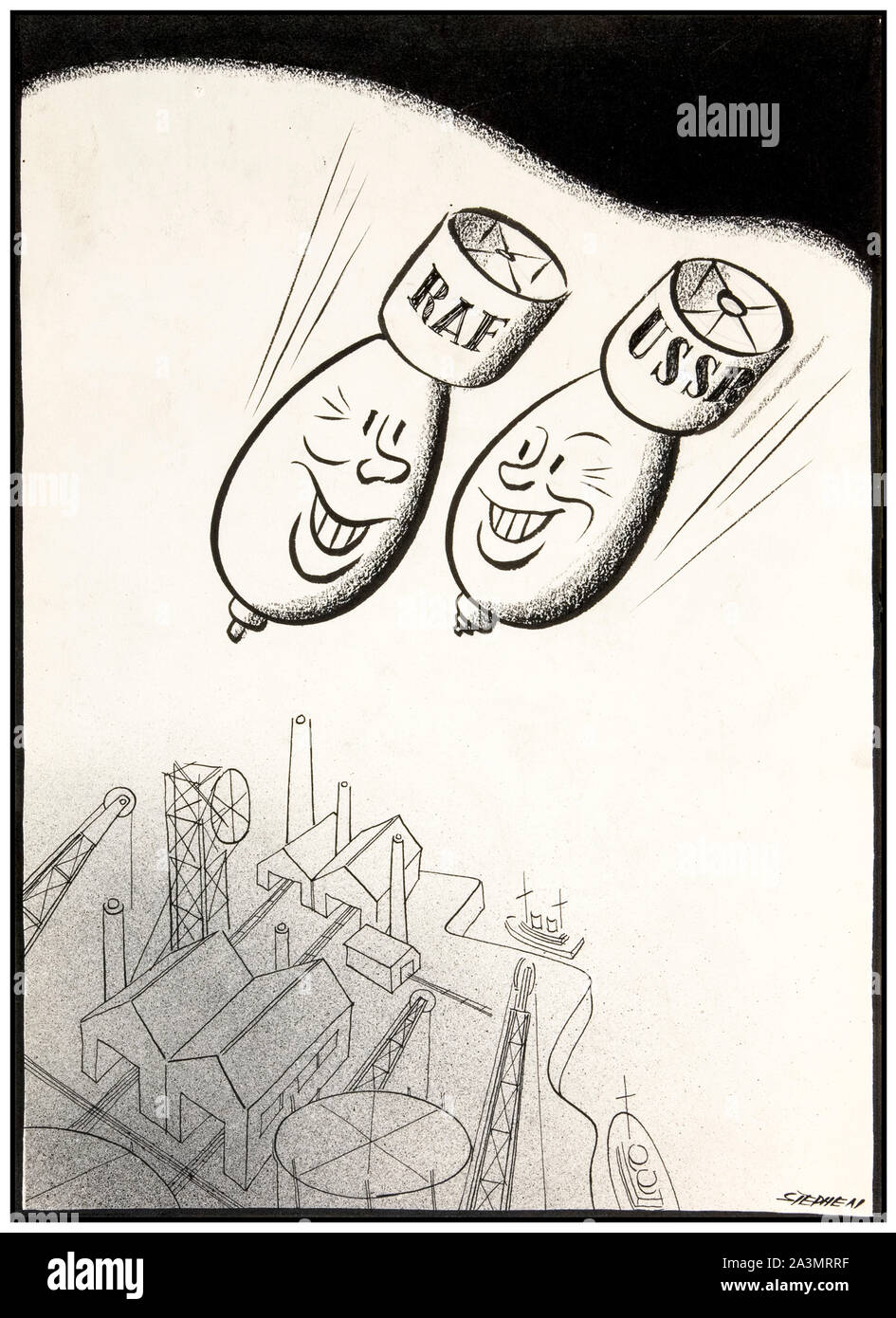 Britische, WW2, Einheit der Kraft, der Inter-alliierten Zusammenarbeit Poster, UDSSR, R.A.F., Bomben zusammen fallen auf Fabrik- und Docks, 1939-1946 Stockfoto