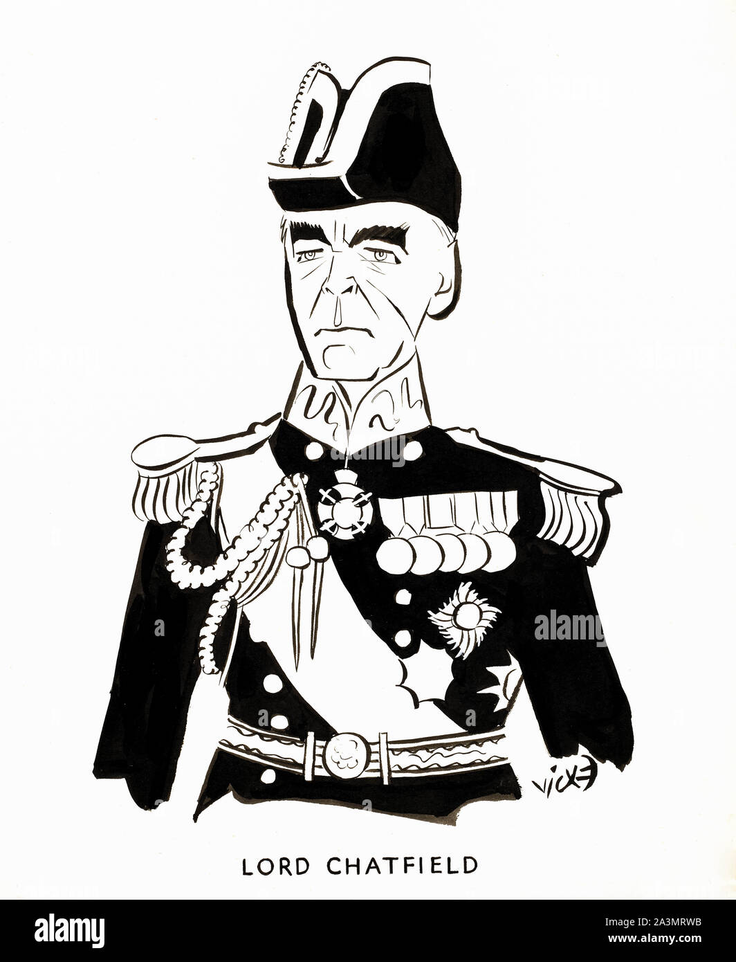 Britische, WW2, Illustrationen, Karikaturen, Admiral der Flotte, Lord Chatfield, Porträt Zeichnung, 1939-1946 Stockfoto
