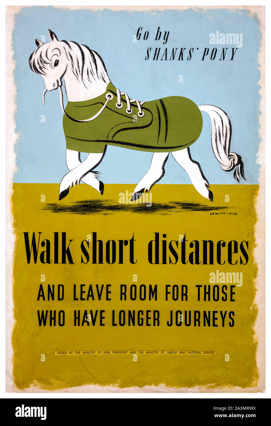 Britische, WW2, Steigerung der Energieeffizienz im Verkehr, gehen Sie kurze Wege, Shanks' Pony, leichte Belastung für Transport, Poster, 1939-1946 Stockfoto