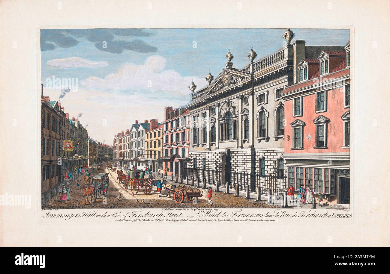 Eisenwarenladen Halle mit Blick auf Fenchurch Street. London, England. Nach einem Drucken vom 1753 von einer Arbeit von John Donowell. Von Robert Sayer veröffentlicht. Später einfärben. Stockfoto