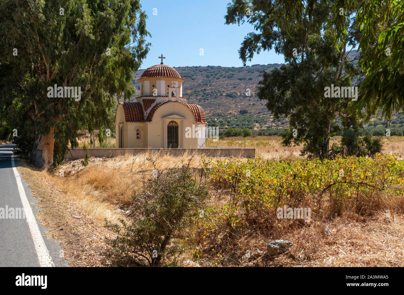 Kastelli, Kreta, Griechenland. Oktober 2019. Die Kirche von Agios Nektarios umgeben von Reben in Kastelli, Ost Kreta Stockfoto
