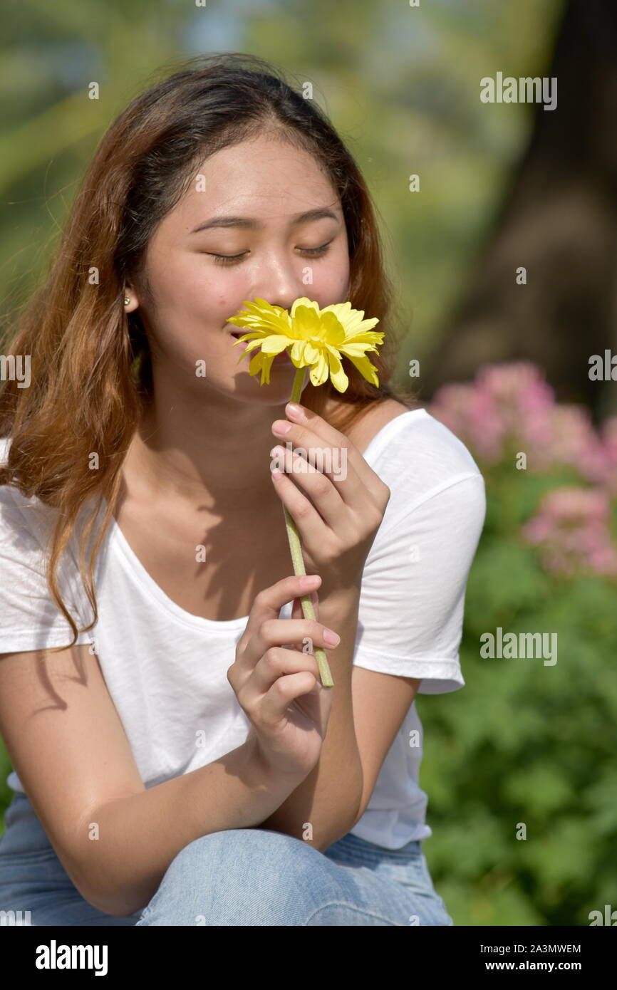Eine asiatische Frau riechende Blume Stockfoto