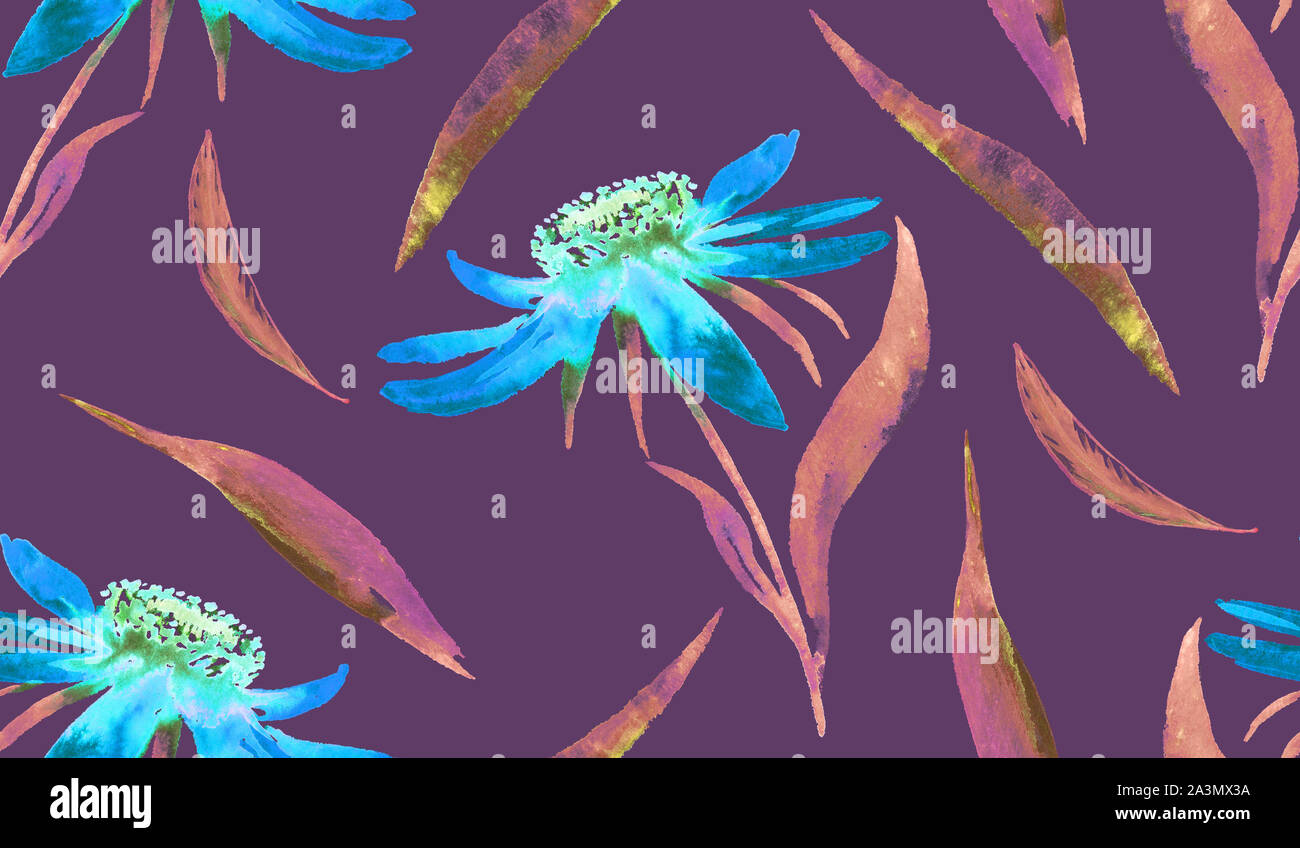 Blaue Daisy (Echinacea) Blumen und Blätter, Handgemalten Aquarell Illustration, nahtlose Muster auf dunklem lila Hintergrund Stockfoto