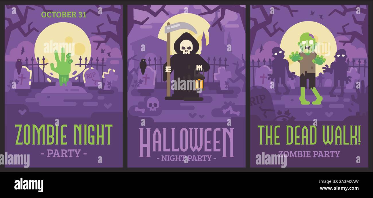Drei Halloween Poster mit Friedhof Szenen. Halloween Flyer mit Zombies und Grim Reaper Stock Vektor