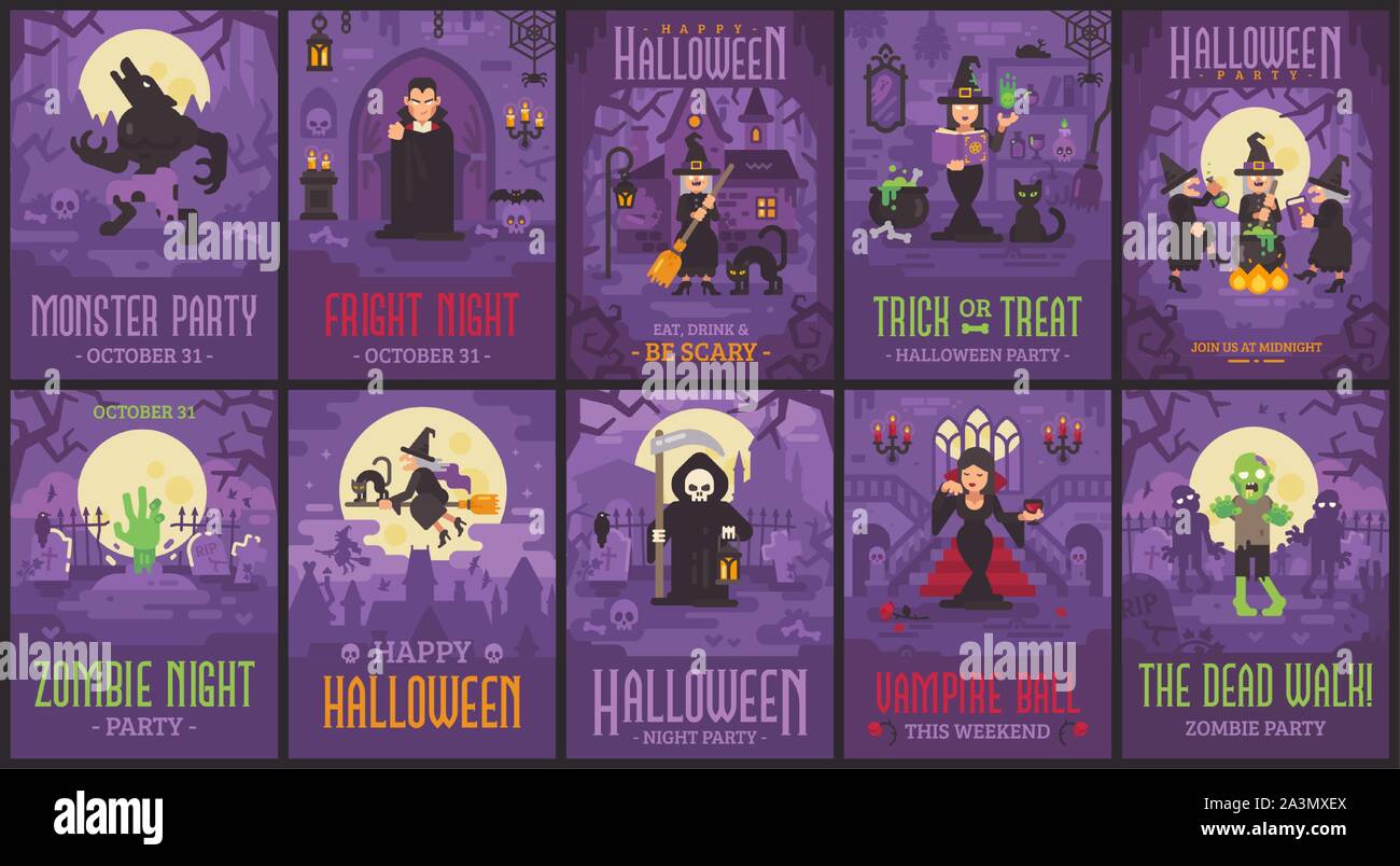 10 Halloween Poster mit Hexen, Vampire, Zombies, Werwölfe und Grim Reaper. Halloween flyer Sammlung Stock Vektor