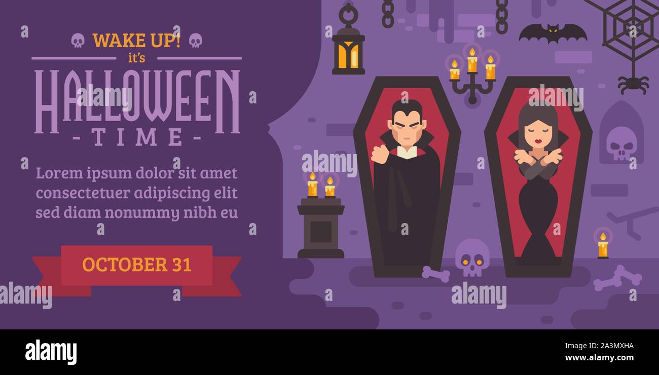 Halloween Flyer mit Vampiren in Särgen schlafen Stock Vektor