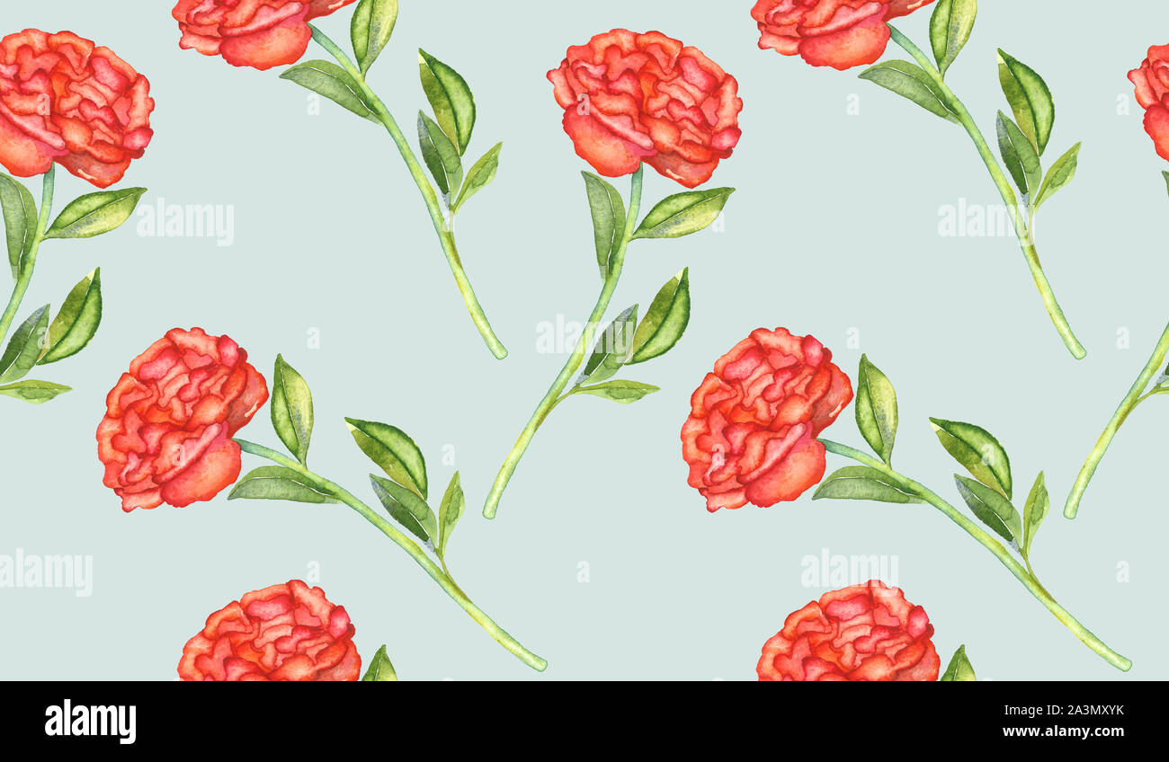 Pfingstrose roten Blüten und Blätter, Handgemalten Aquarell Illustration, nahtlose Muster auf weichen grauen Hintergrund Stockfoto