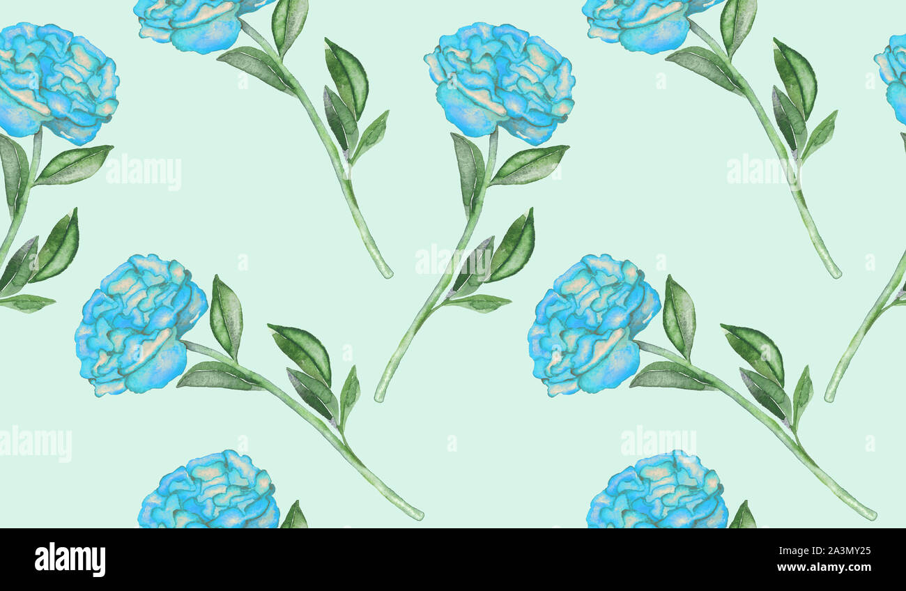 Pfingstrose blaue Blüten und Blätter, Handgemalten Aquarell Illustration, nahtlose Muster Design auf weichem Hintergrund Stockfoto