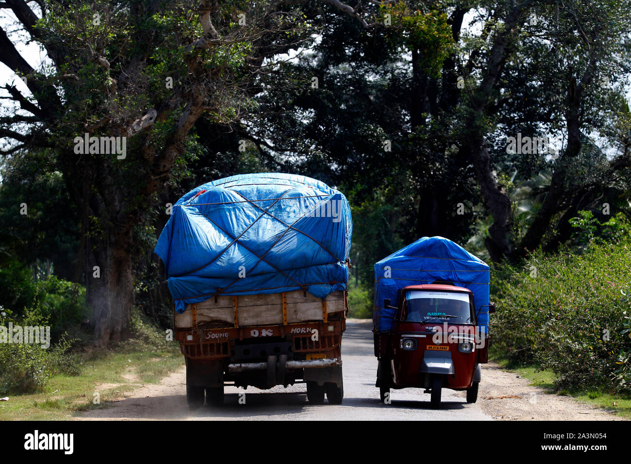 Lkw-Verkehr auf den engen Straßen von Karnataka, Indien Stockfoto