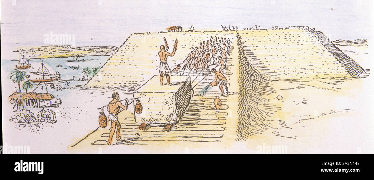 Abbildung:/Zeichnung, die den Bau der Pyramiden. Das alte Ägypten. Stockfoto