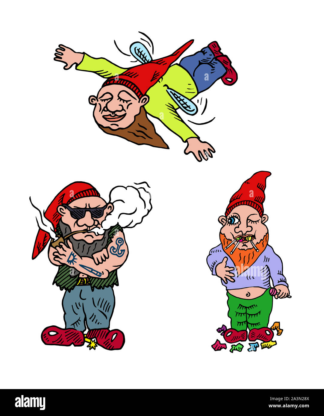 Lustige Zwerge, in hat Fliegen mit kleinen Flügeln, Süßes gnome Essen Lutscher, kühles Rauchen Pfeife, bunte doodle Skizze Abbildung Stockfoto