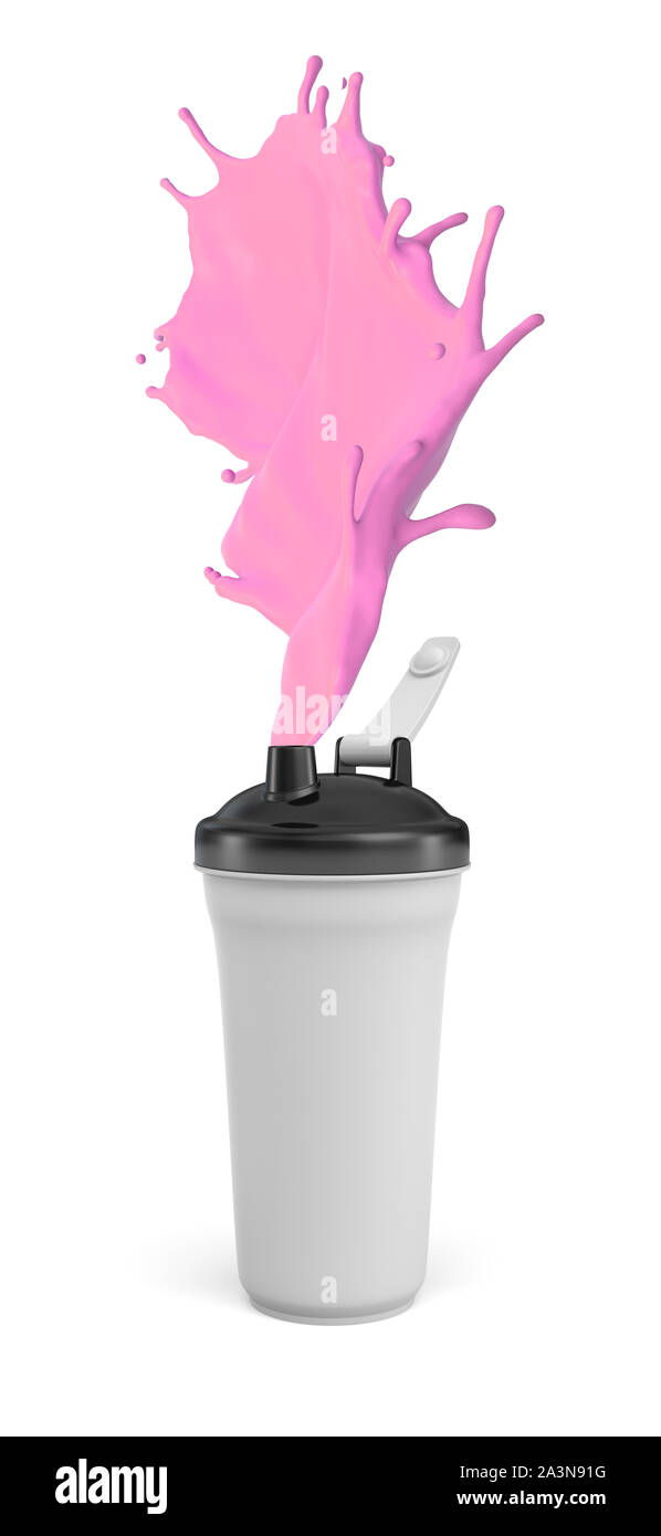 3D-Rendering aus weißem Kunststoff Shaker mit rosa Flüssigkeit verschüttet auf weißem Hintergrund Stockfoto