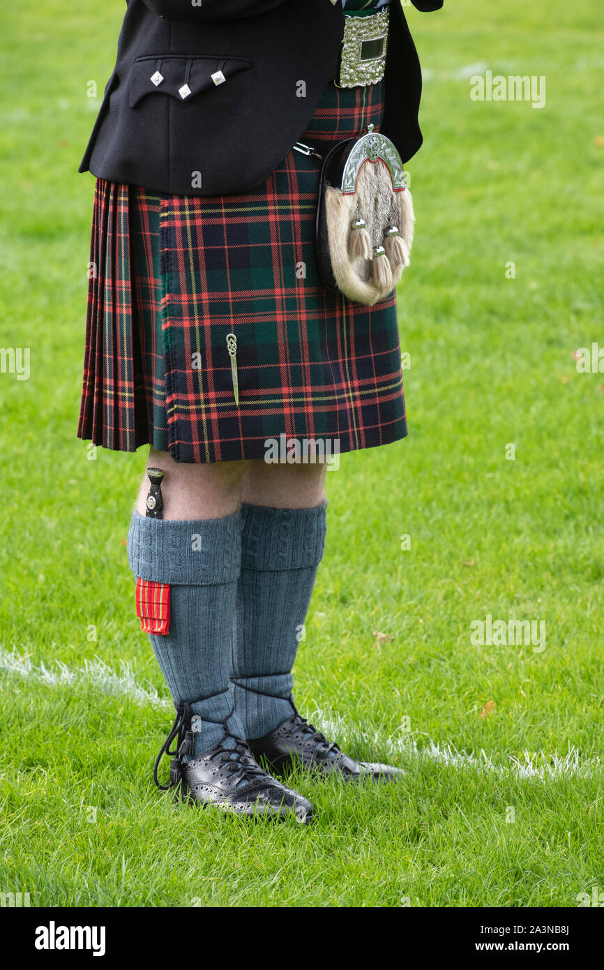 Kilt und sporran Detail in Peebles highland games. Peebles, Scottish Borders, Schottland Stockfoto