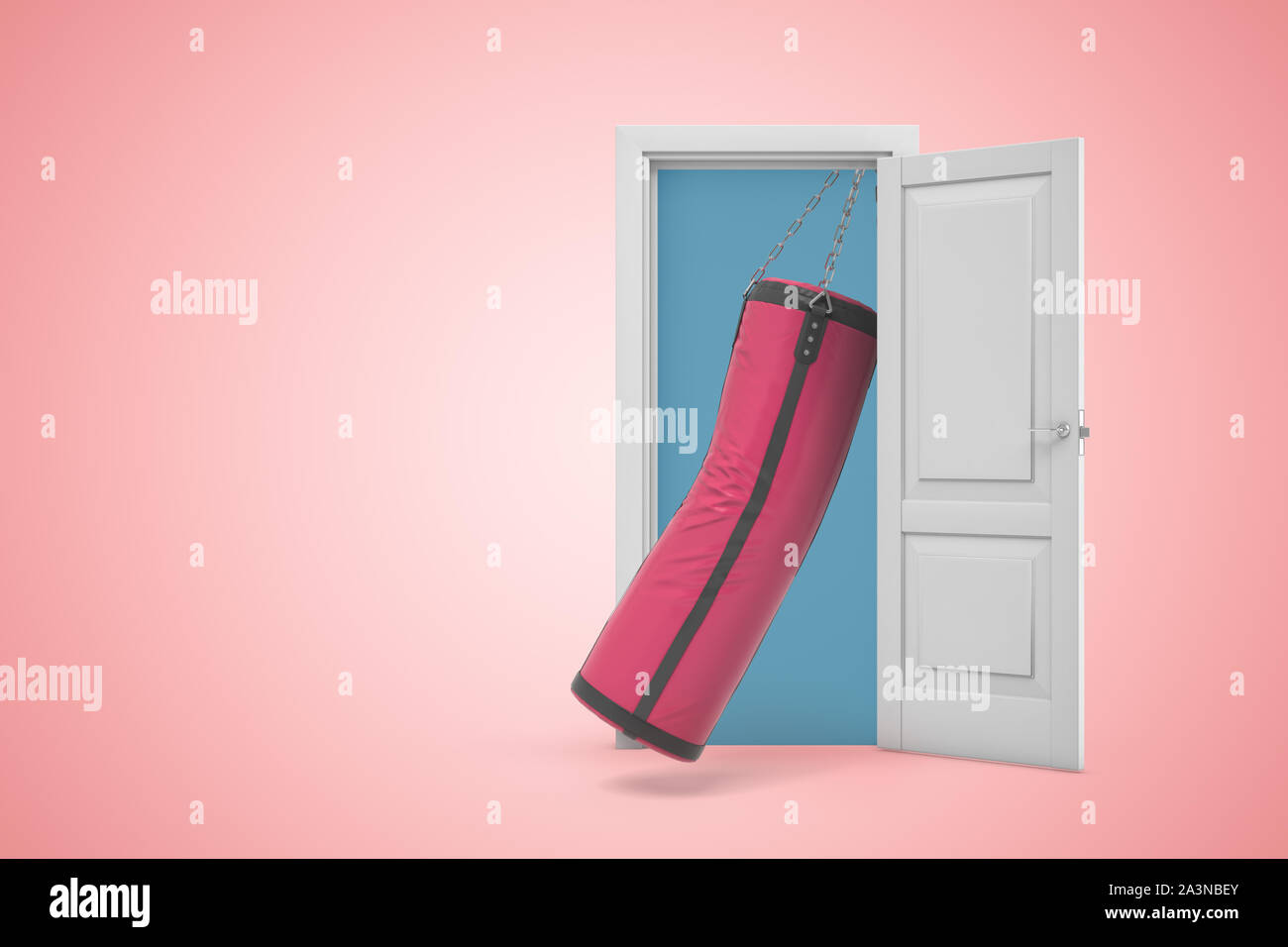 3D-Rendering der Boxsack in Weiß offene Tür auf rosa Hintergrund Stockfoto