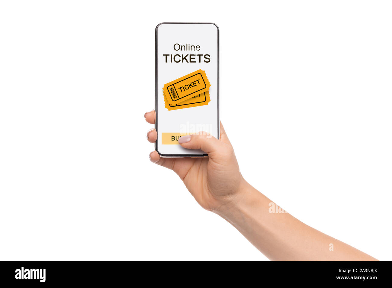 Frau Download Event Tickets Anwendung auf Smartphone auf weißem Hintergrund Stockfoto