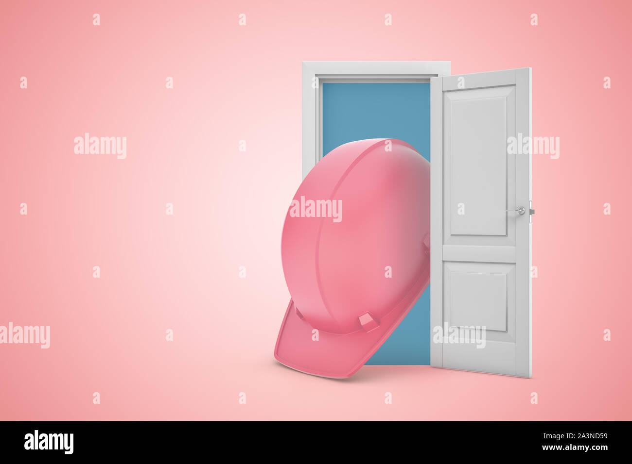 3D-Rendering von riesigen rosa Hard hat sich aus weiße Tür auf rosa Farbverlauf kopieren Raum Hintergrund. Stockfoto
