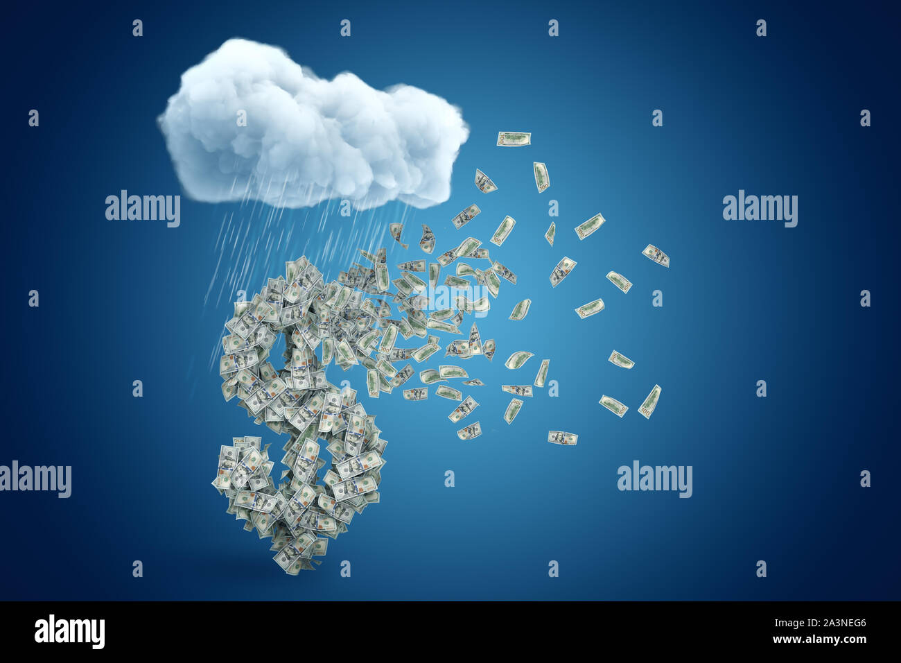 3D-Rendering von grossen Dollarzeichen mit vielen der Banknoten, die bereits begonnen haben, zu fliegen gebildet, unter regnet Cloud auf der blauen Gradienten Hintergrund Stockfoto