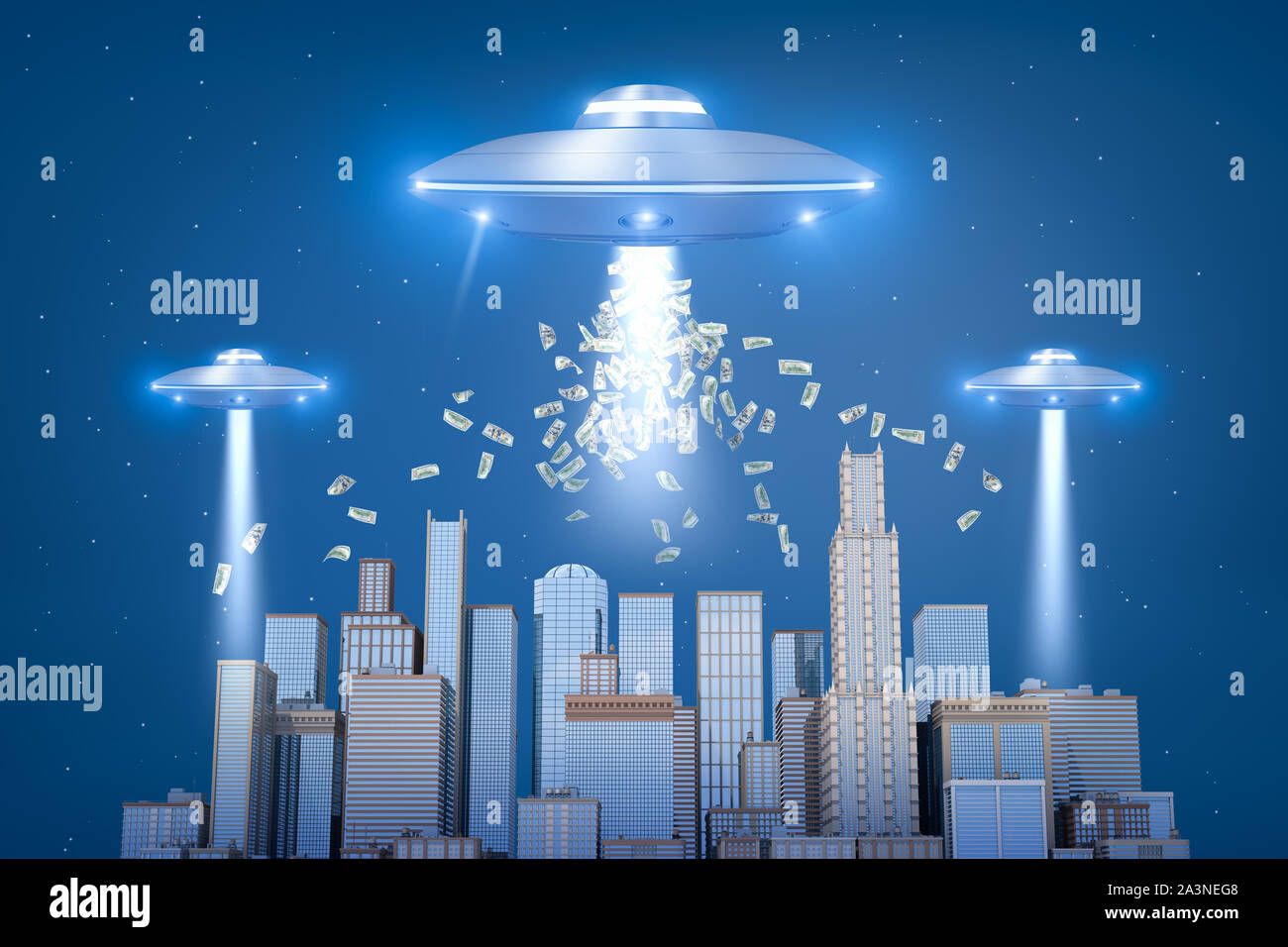 3D-Rendering von drei silbernen Metall ufo über Wolkenkratzer mit Dollars in der Luft auf und blauer Himmel Stockfoto