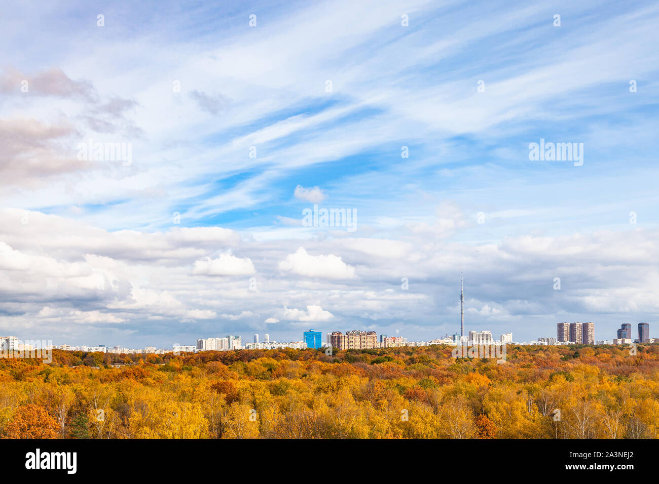 Blauer Himmel mit weißen Wolken über gelb City Park an sonnigen Herbsttag Stockfoto