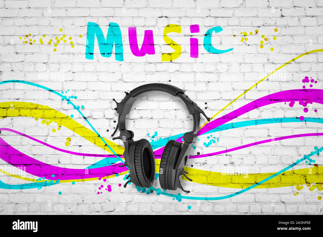 3D-Rendering von schwarz Kopfhörer mit bunten Linien und Musik am weißen Stein Wand Hintergrund Stockfoto