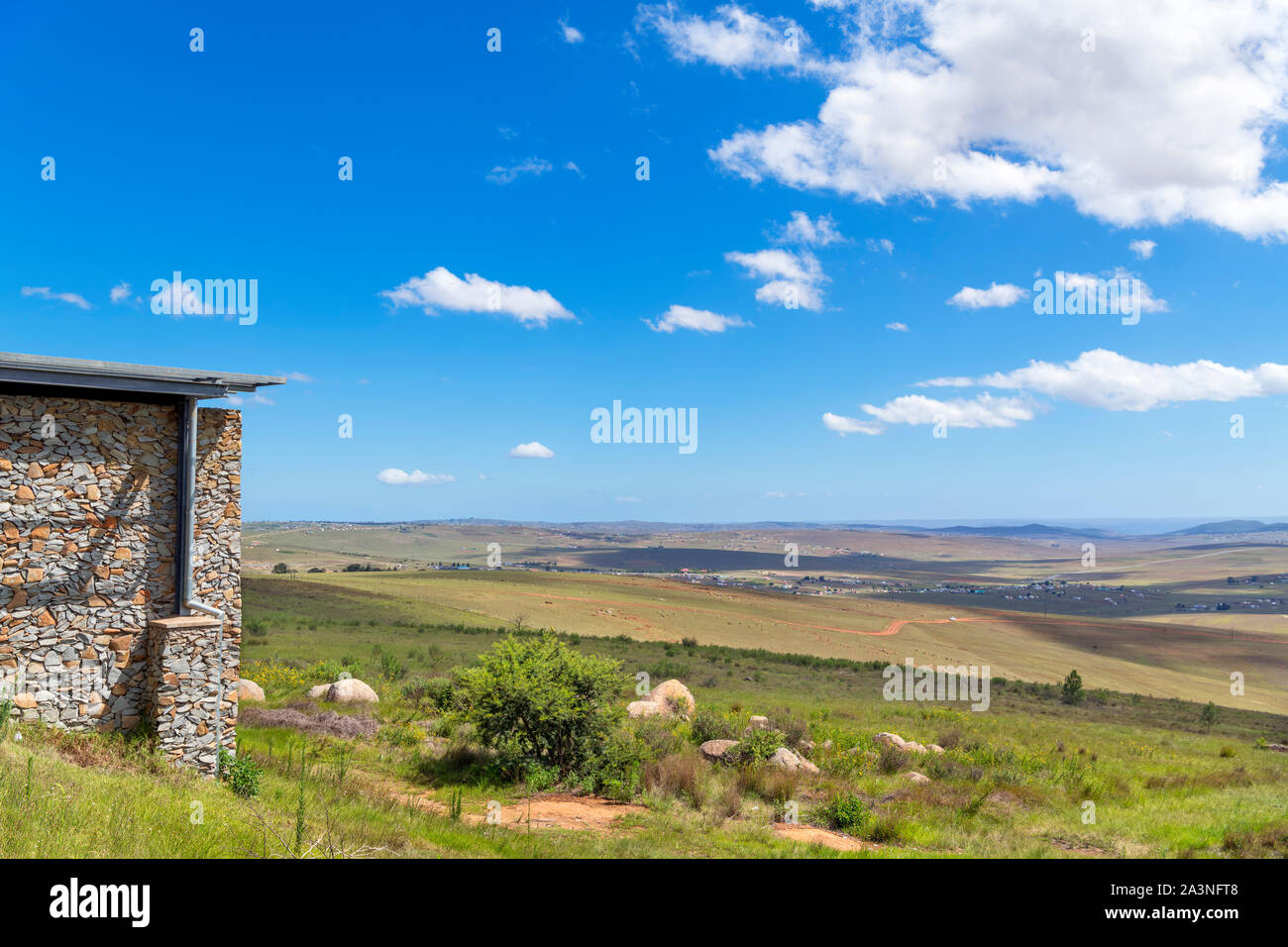 Blick auf die Landschaft aus dem Museum in Qunu, dem Dorf der Kindheit von Nelson Mandela, Eastern Cape, Südafrika Stockfoto